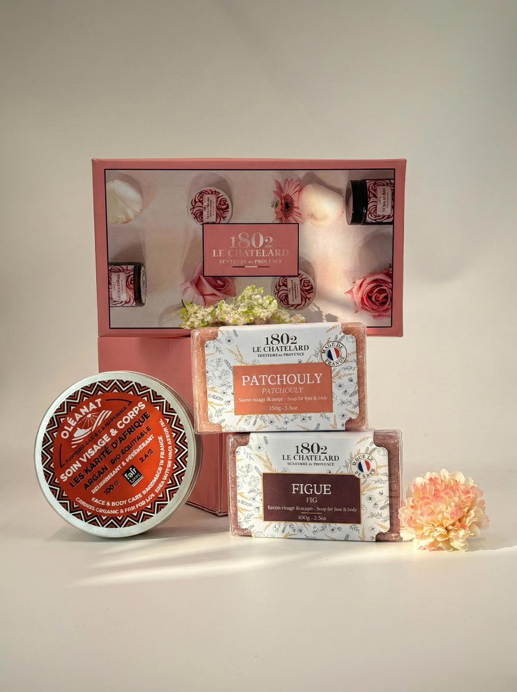 Le Chatelard 1802 French Luxury Skincare Gift Combo | Fig & Patchouli Soap Duo with Oléanat Shea & Argan Face & Body Balm / Made In France