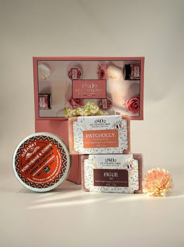 Le Chatelard 1802 French Luxury Skincare Gift Combo | Fig & Patchouli Soap Duo with Oléanat Shea & Argan Face & Body Balm / Made In France