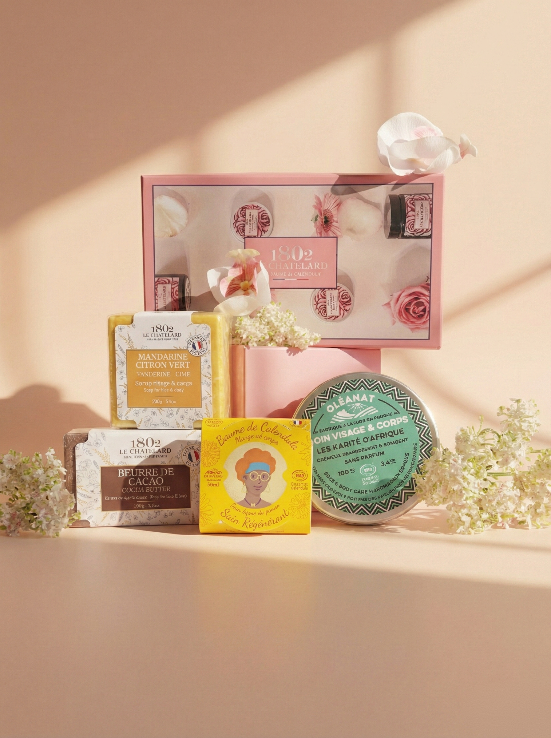 Le Chatelard 1802 Nourishing Body Care Combo | Oleanat Shea Butter Without Perfume , Calendula Sublimating Balm, Tangerine Lime & Cocoa Butter French Soaps / Made In France