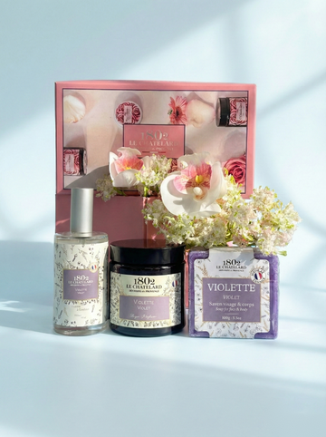 Le Chatelard 1802 Violet French Self-Care Combo | Violet Soap, Violet Pillow Mist & Violet Scented Candle Gift Set / Made In France