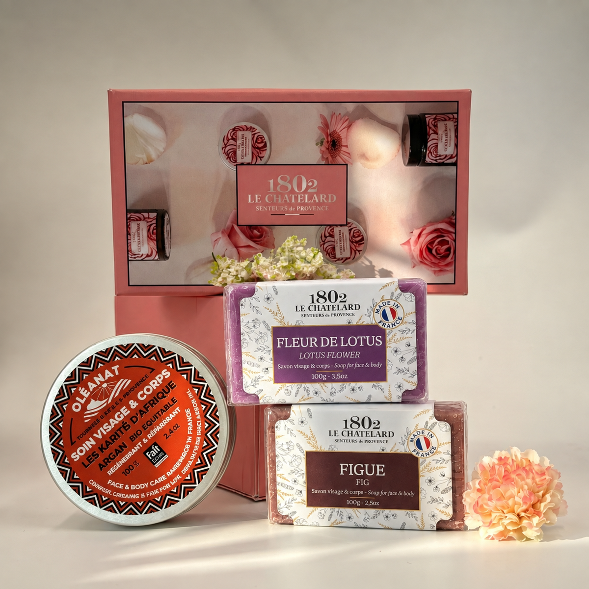 Le Chatelard 1802 French Luxury Skincare Gift Combo | Fig & Lotus flower Soap Duo with Oleanat Shea Butter Argan Oil Face & Body Balm / Made In France
