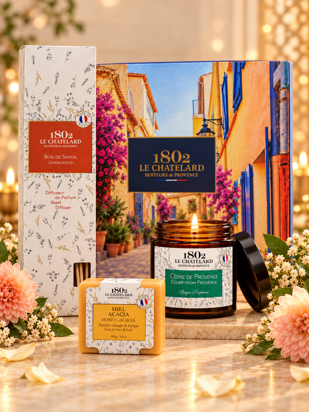 Le Chatelard 1802 Ghar Ki Roshni Home Set – Sandalwood Reed Diffuser, Cedar Candle & Marseille Soap Diwali Gift Set | Made in France