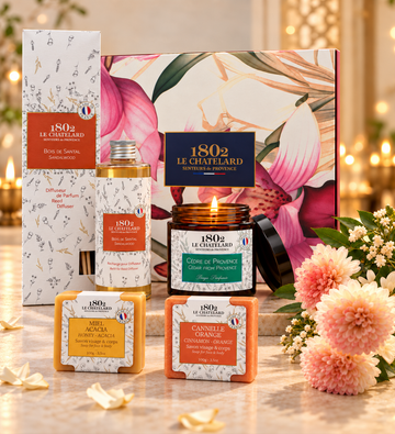 Le Chatelard 1802 Grand Chandan Diwali Hamper – Sandalwood Reed Diffuser & Refill, Cedar Candle & Marseille Soap Hamper | Made in France