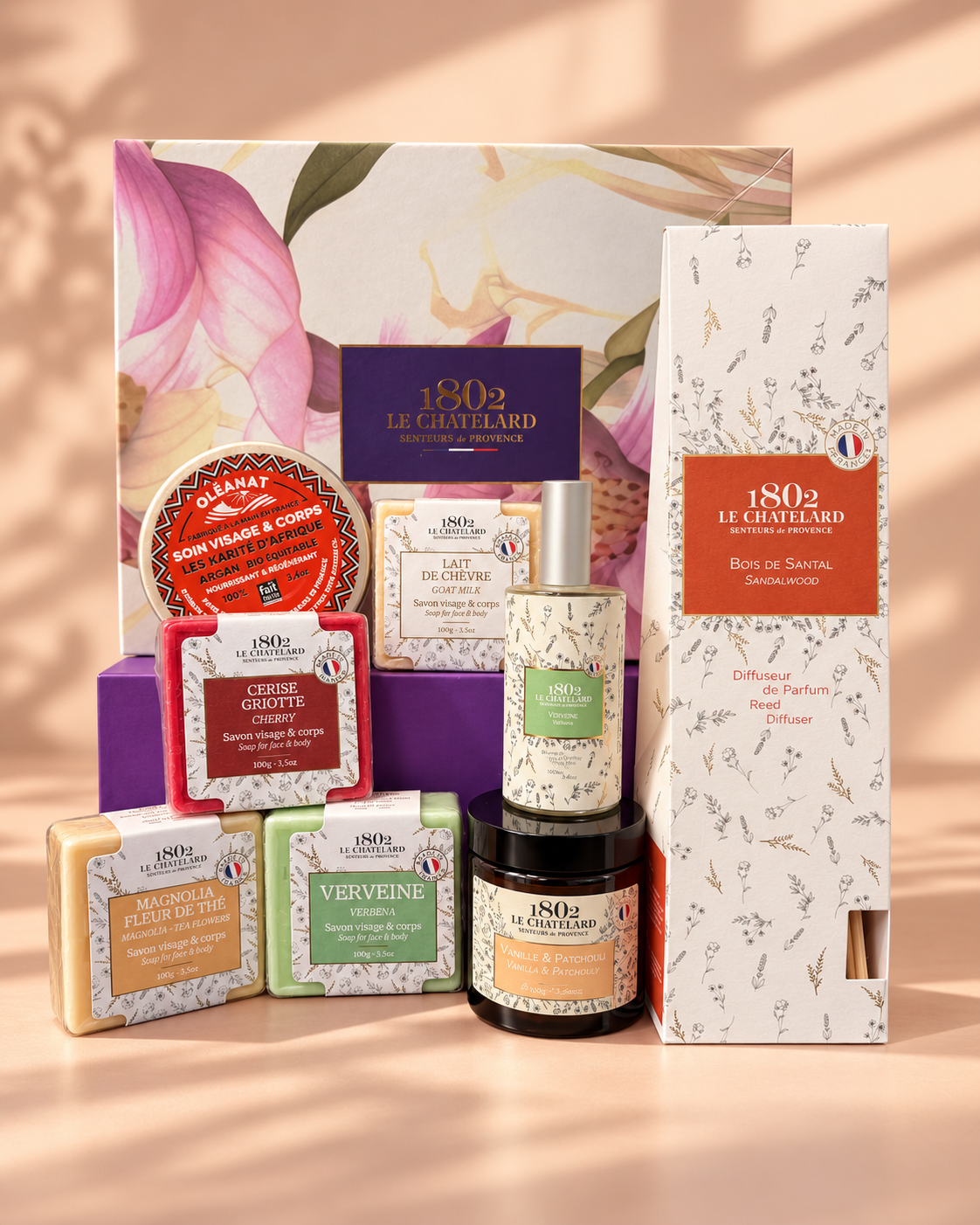 Le Chatelard 1802 Floral Luxury Gift Box  – 8-Piece French Home Fragrance, Shea Butter & Soap Collection
