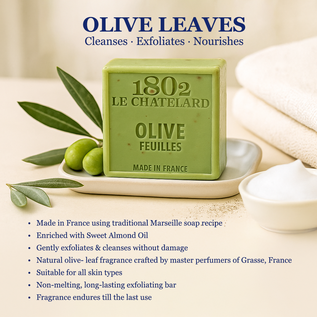 Green soap bar with olive leaves and text about product features on a beige background