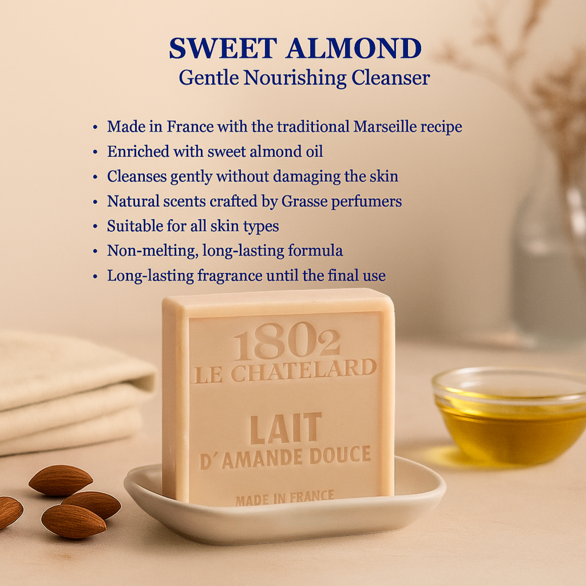 1802 Le Chatelet soap bar with product details on a neutral background