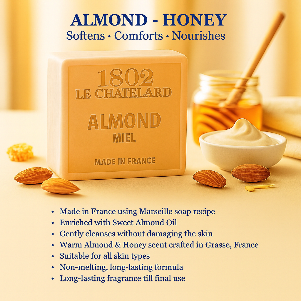 1802 Le Chatelard Almond Honey soap bar with ingredients and benefits displayed.