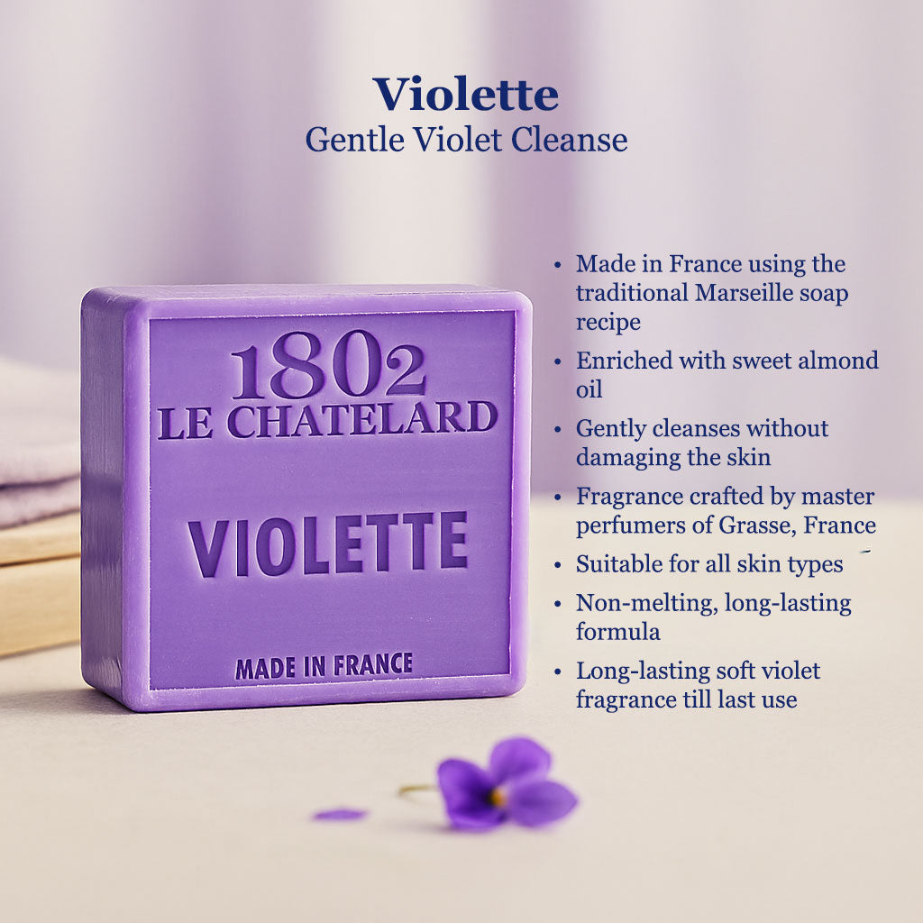 Purple soap bar with '1802 Le Chatelard' branding and product details on a light background.