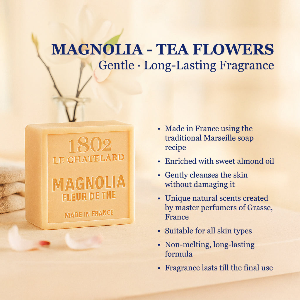 1802 Le Chatelard Magnolia soap bar with product details on a soft background