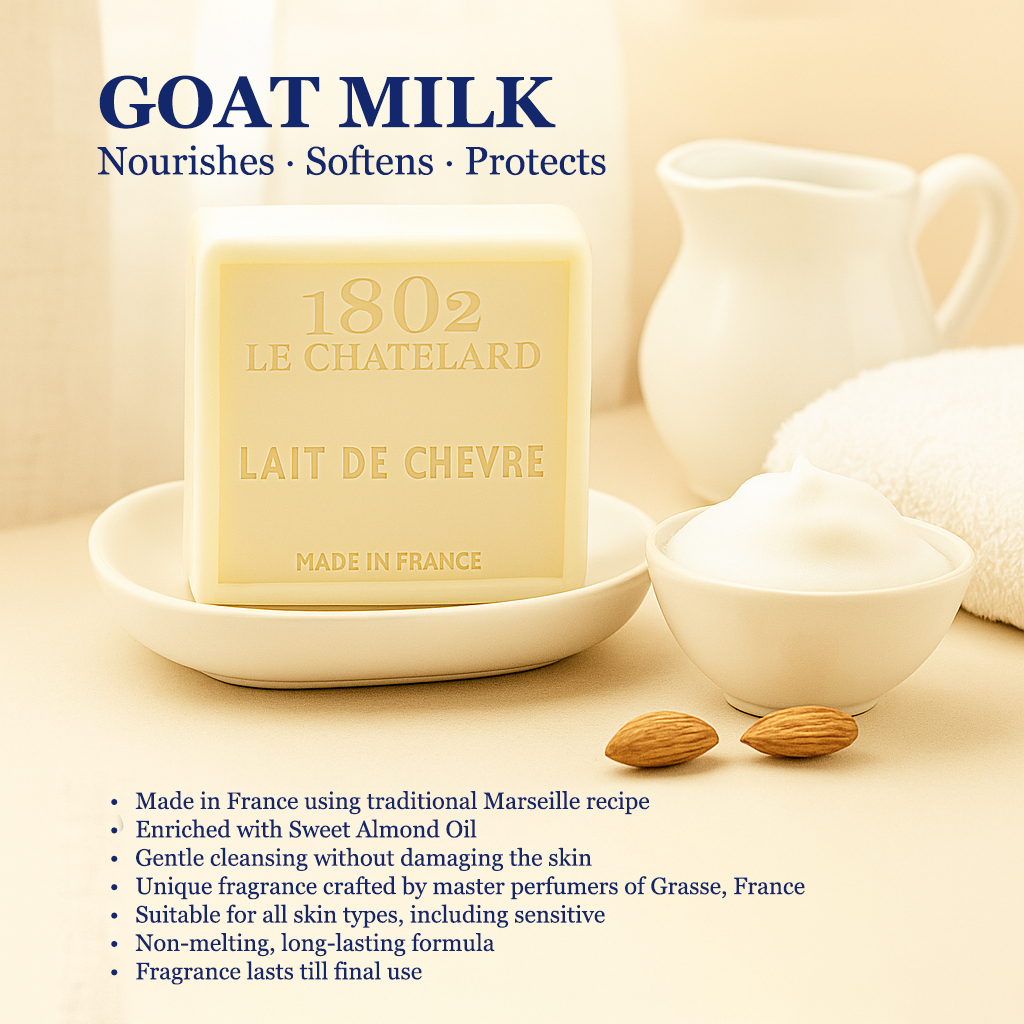 Bar of goat milk soap with branding and product details on a beige background