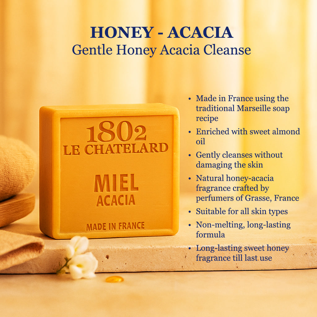 Bar of soap with '1802 Le Chatelard' branding on a wooden surface with text about the product.