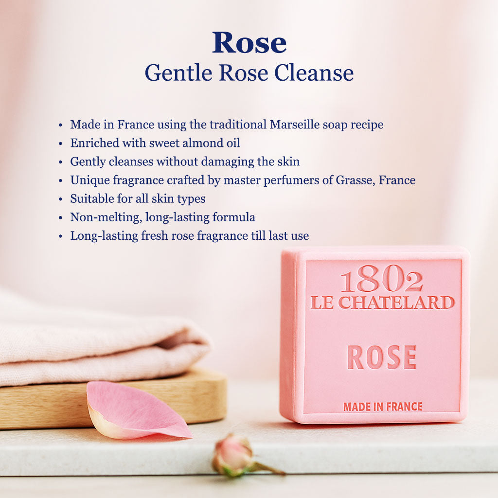 1802 Le Chateillard Rose soap with product details on a light background