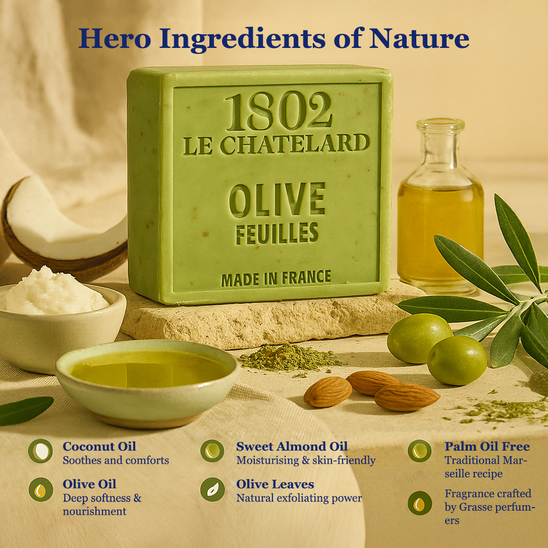 Green soap bar with '1802 Le Chatelard' branding, surrounded by olive leaves, oil, and other ingredients on a beige background.