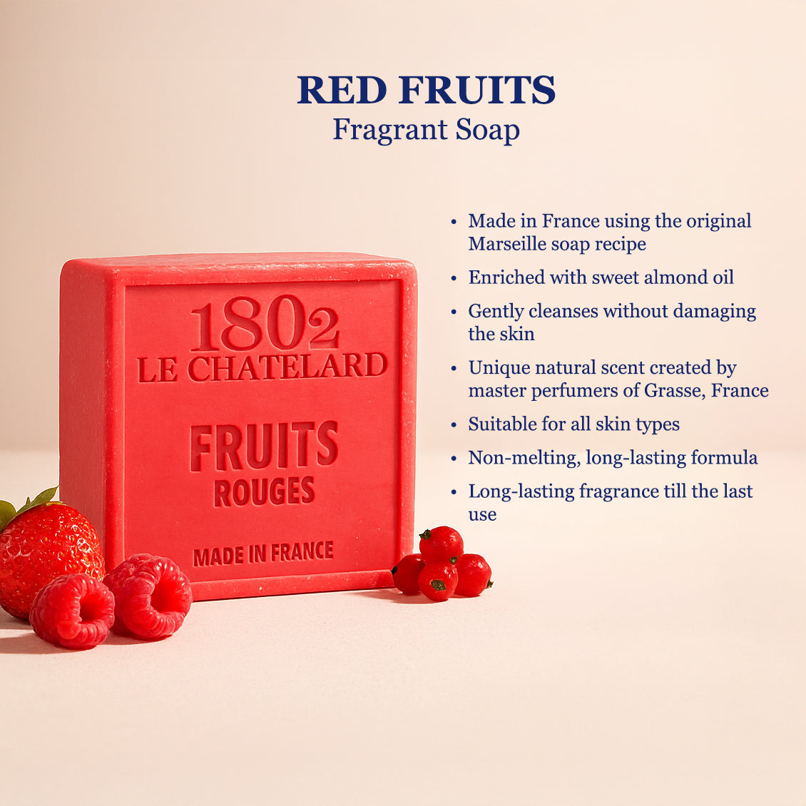 Red soap bar with raspberry design and branding on a beige background