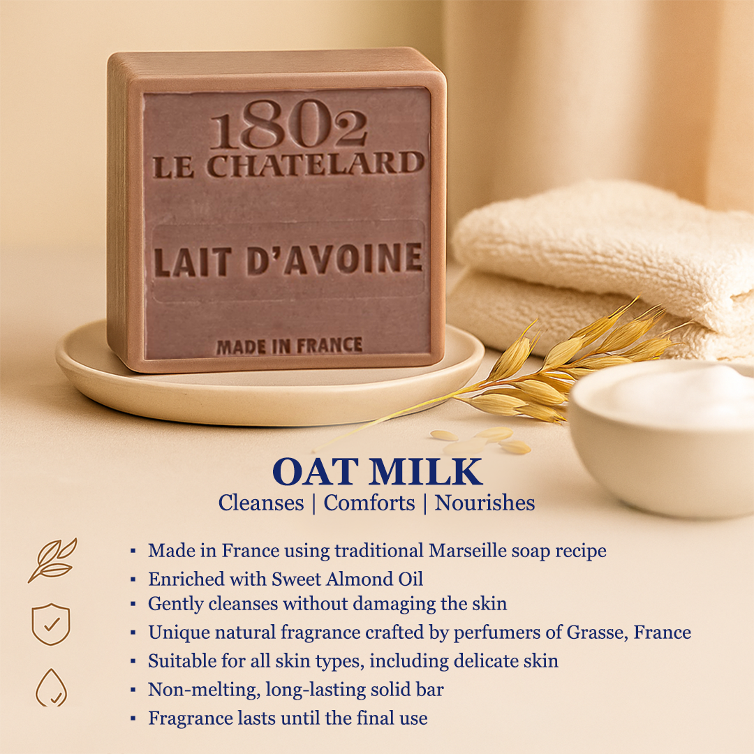 Bar of soap with branding and product details on a neutral background