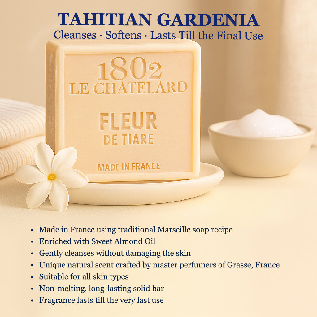 1802 Le Chatelard soap bar with branding and product details on a beige background