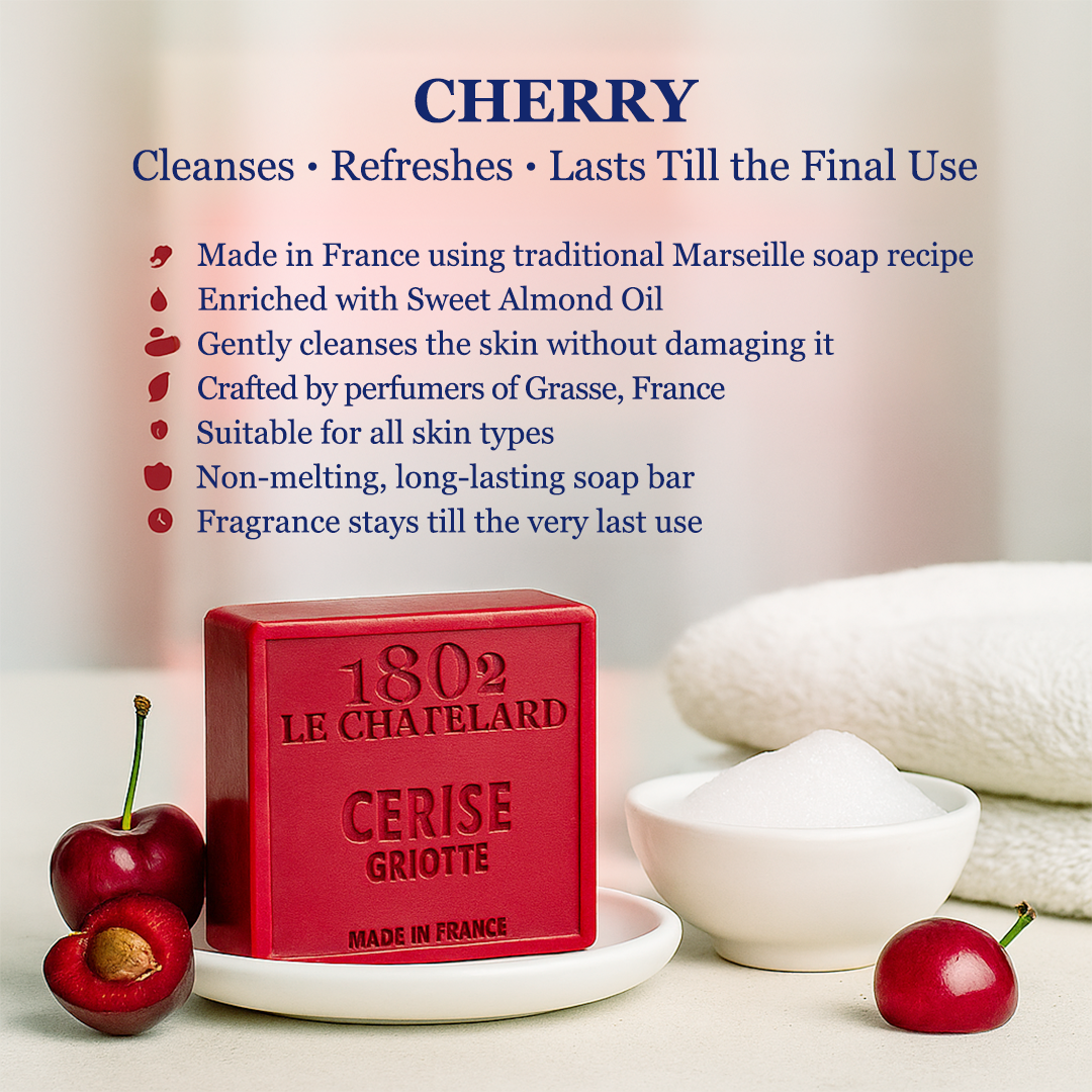 Red soap bar with cherry flavor from Le Chatelard on a white background
