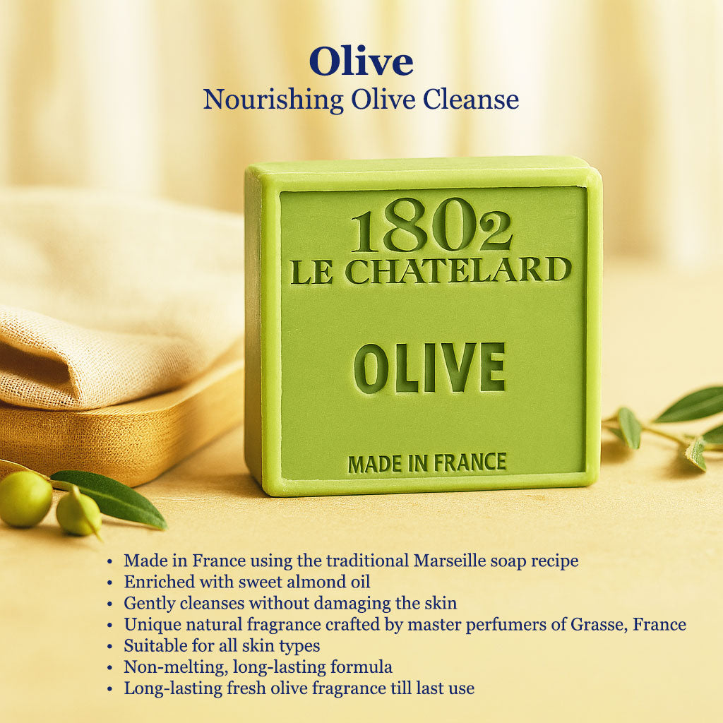 Green soap bar with '1802 Le Chatelard' branding on a beige background