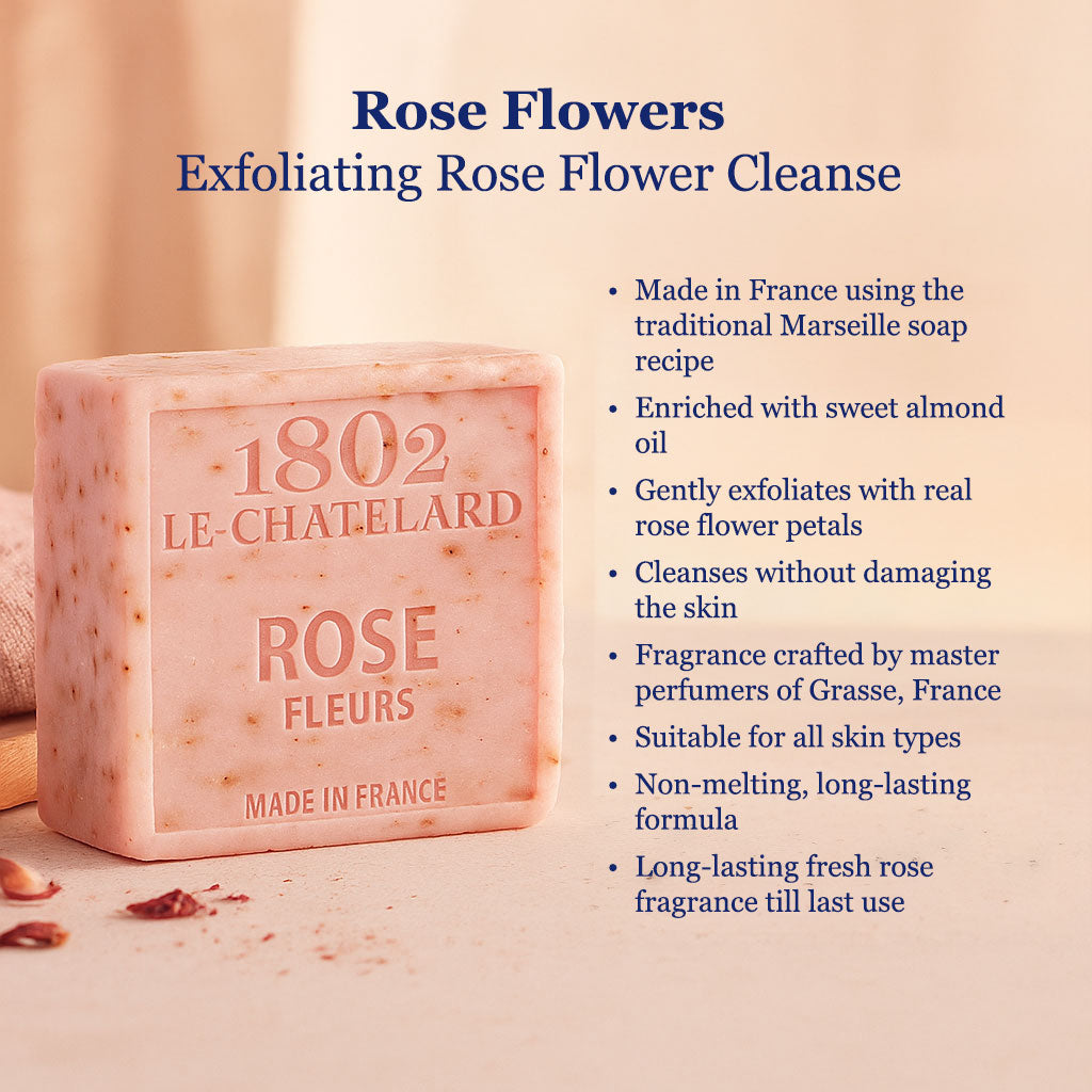 1802 Le Chatelard Rose Fleurs soap bar with product details on a beige background