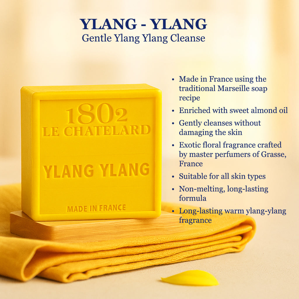 Yellow soap bar with 'Le Chatelard 1802' branding on a beige background, featuring product details.