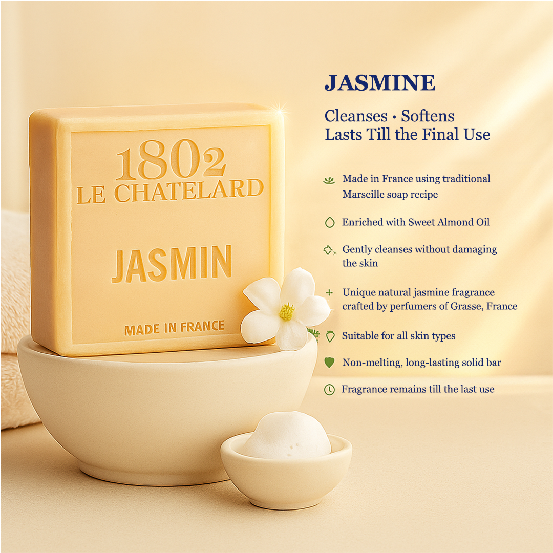 1802 Le Chatelard Jasmine soap bar with a bowl and flower on a beige background