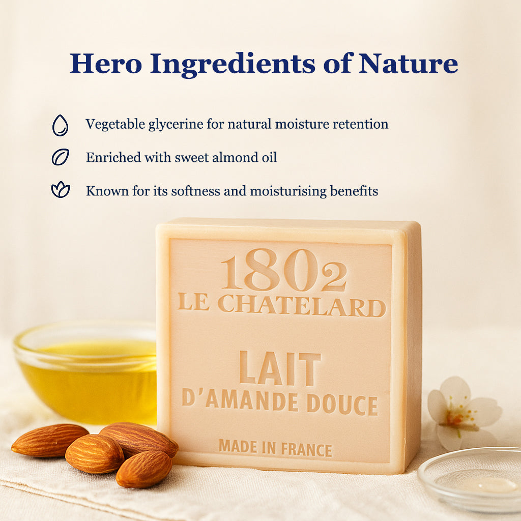 1802 Le Chatelard soap bar with ingredients listed on a light background