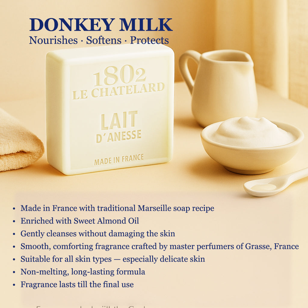 Bar of soap with '1802 Le Chatelard' branding on a beige background, featuring text about donkey milk soap.