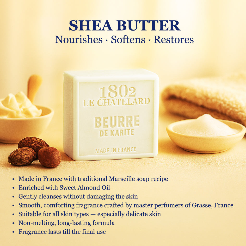Shea butter product with ingredients and benefits on a beige background