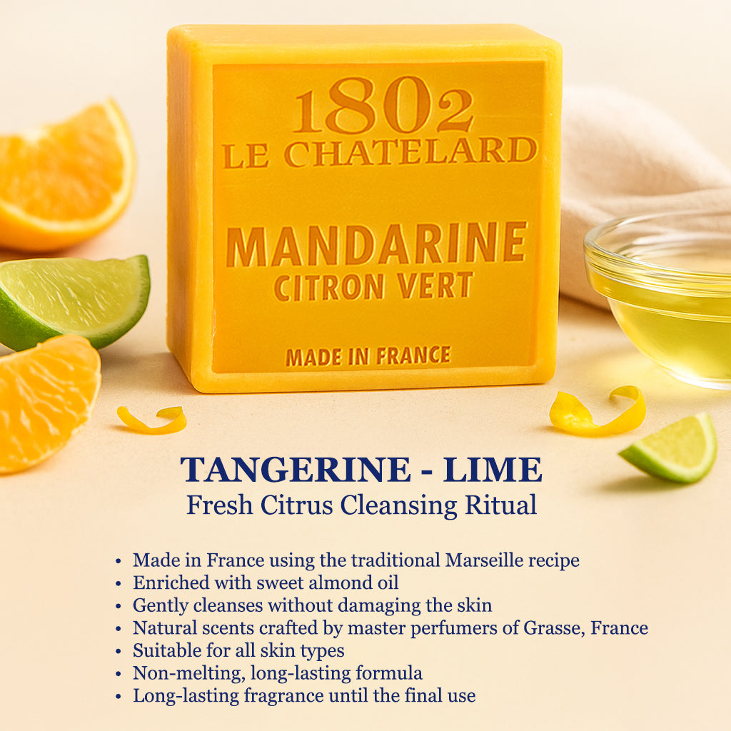 Bar of soap with mandarine and lime slices on a light background