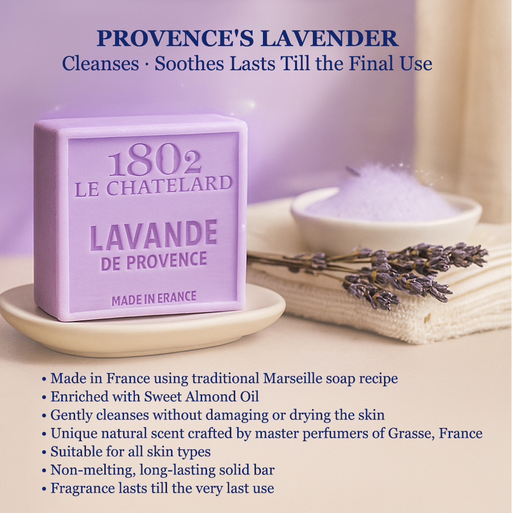 1802 Le Chatelard lavender soap with packaging on a white surface, featuring lavender flowers.