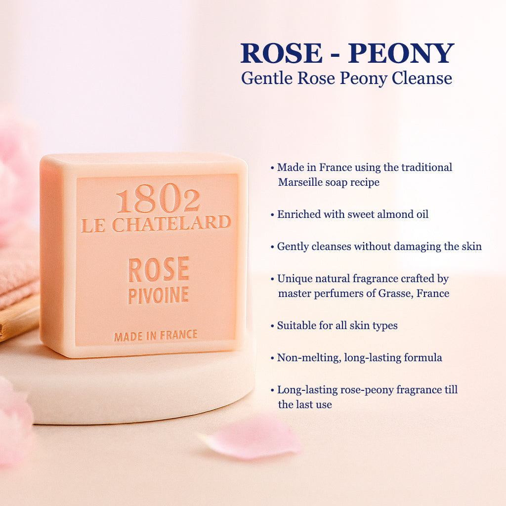 Bar of soap with branding and product details on a light background