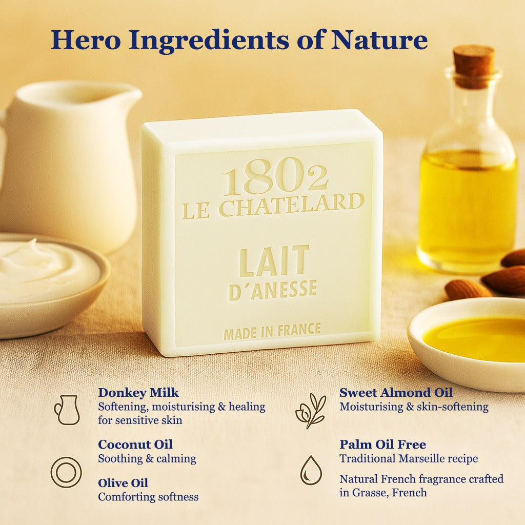 1802 Le Chateillard soap bar with ingredients listed on a beige background