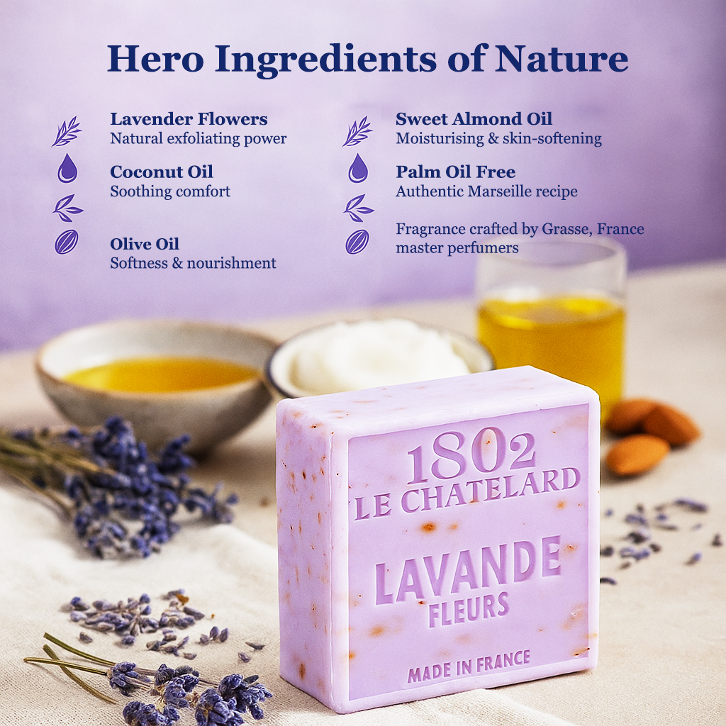 1802 Le Chatelard Lavande Fleurs soap with lavender flowers, sweet almond oil, and palm oil free text on a purple background.
