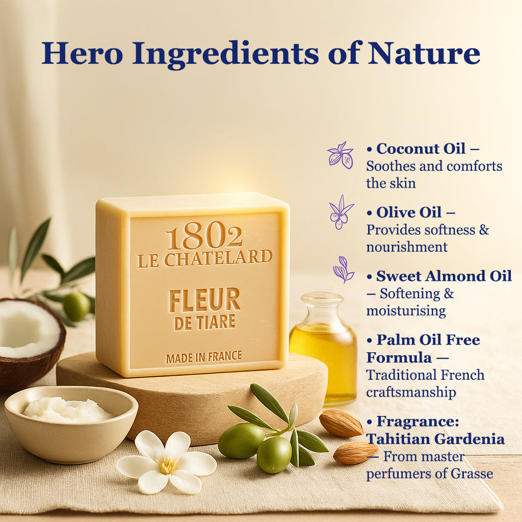 1802 Le Chatelet soap with ingredients listed on a beige background