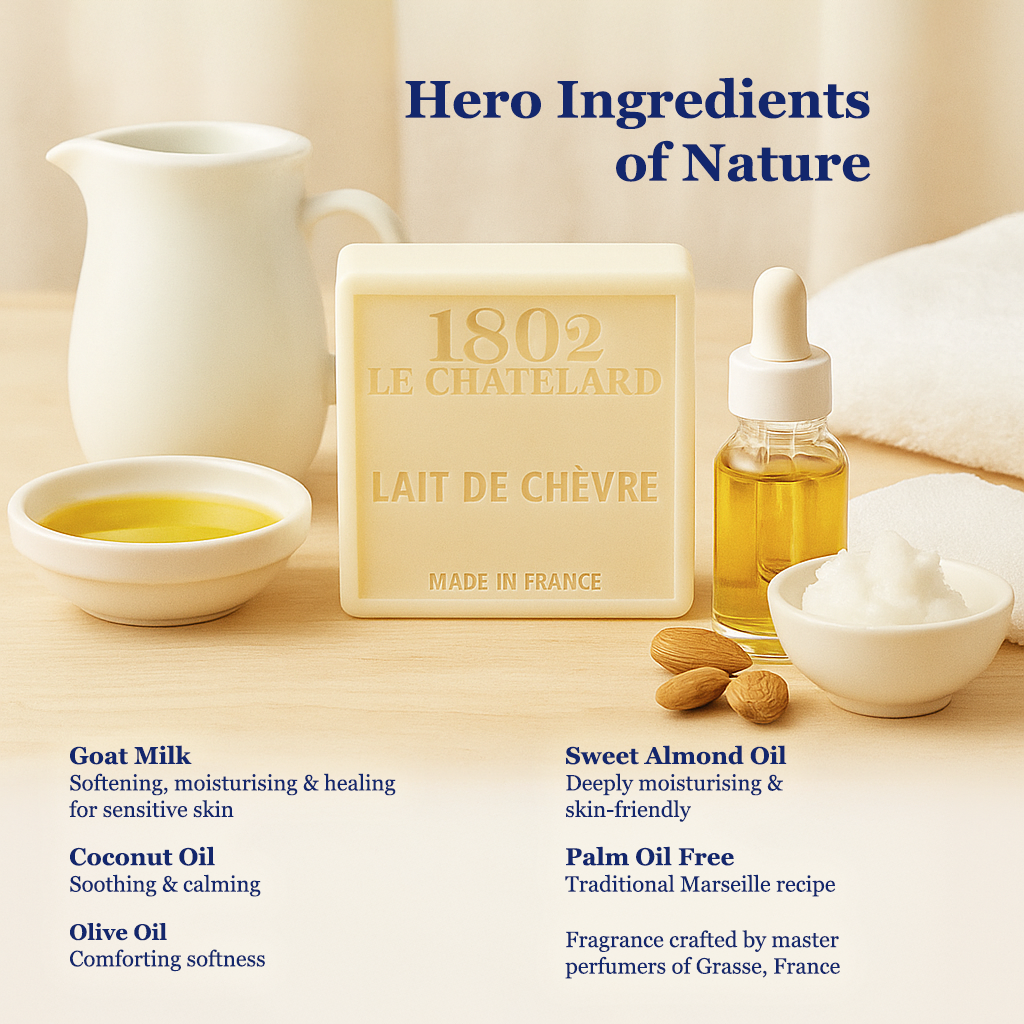 1802 Le Chatelard soap with ingredients displayed on a neutral background
