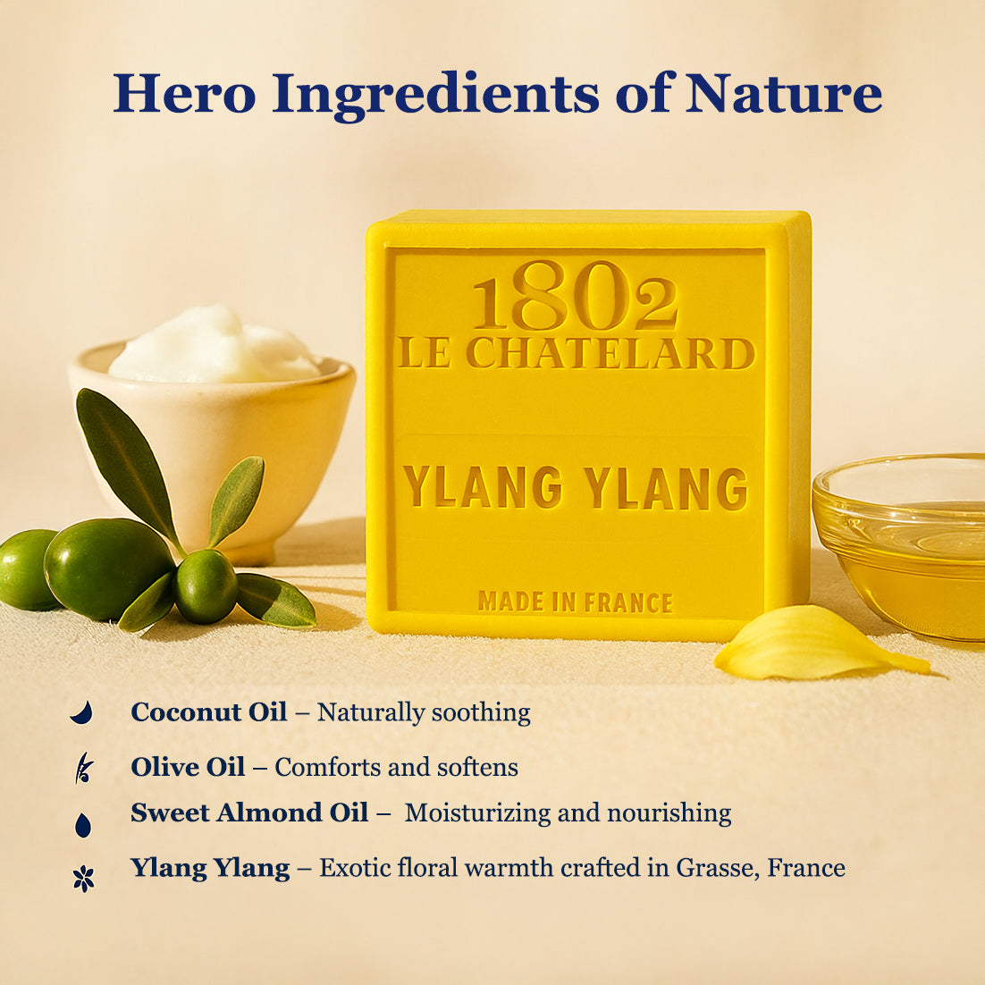 Yellow soap bar with '1802 Le Chatelard' branding and ingredients listed on a beige background.