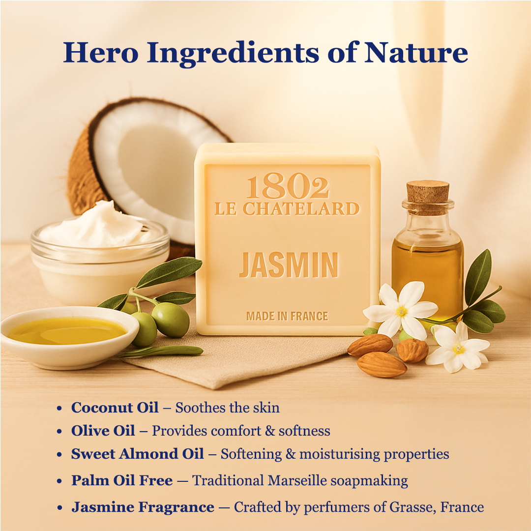 1802 Le Chatelard Jasmin soap with ingredients on a wooden surface