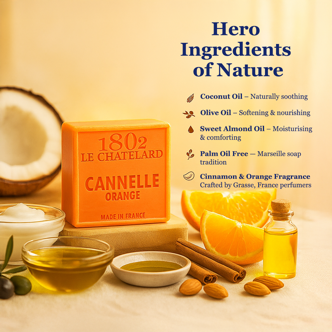 1802 Le Chatelard Cannelle Orange soap with ingredients like coconut oil, olive oil, and sweet almond oil on a wooden surface.