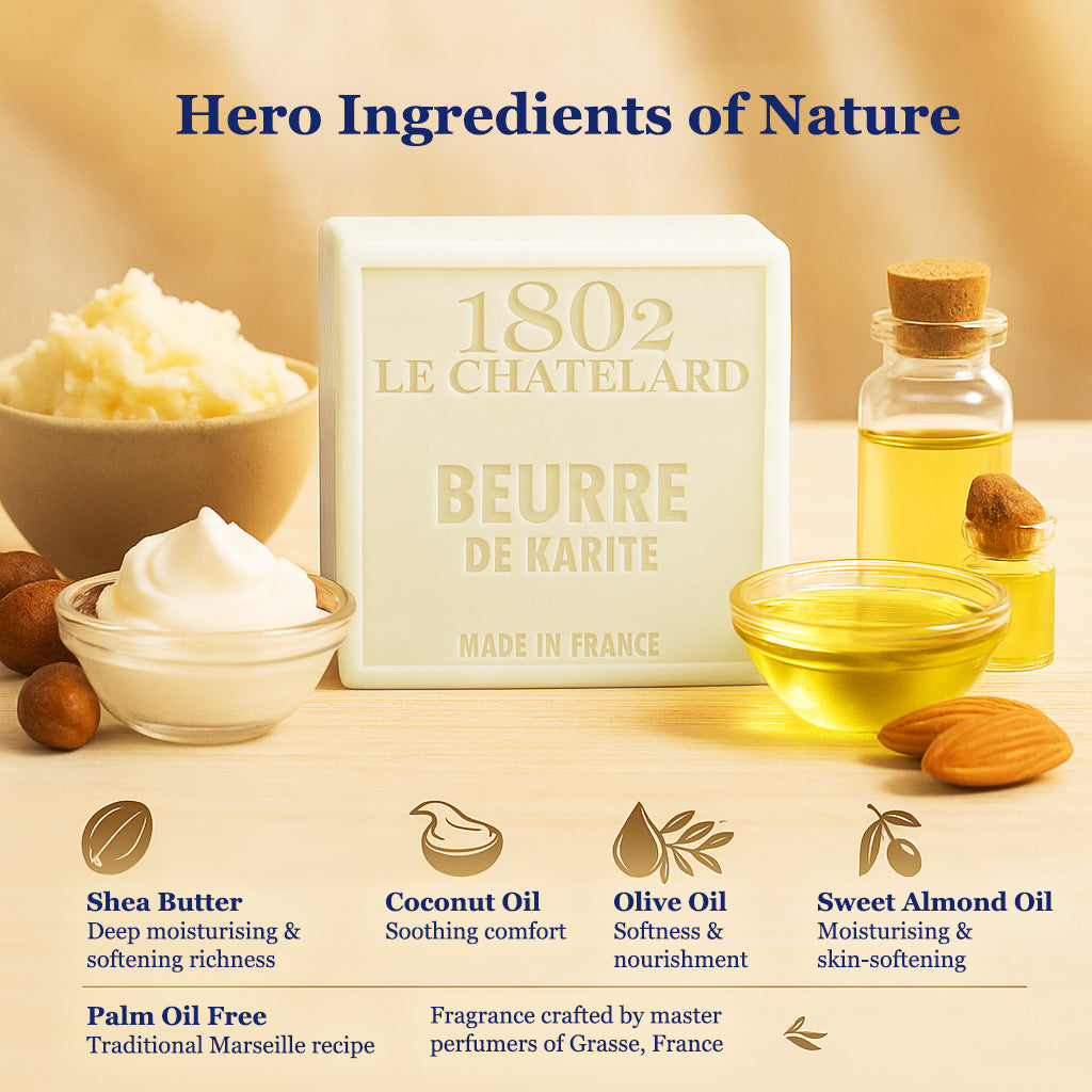 1802 Le Chatelard Beurre de Karite with ingredients displayed on a beige background