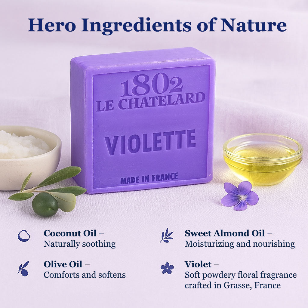 Purple soap bar with '1802 Le Chatelard Violette' branding, surrounded by ingredients like coconut oil, olive oil, and a violet flower on a light purple background.