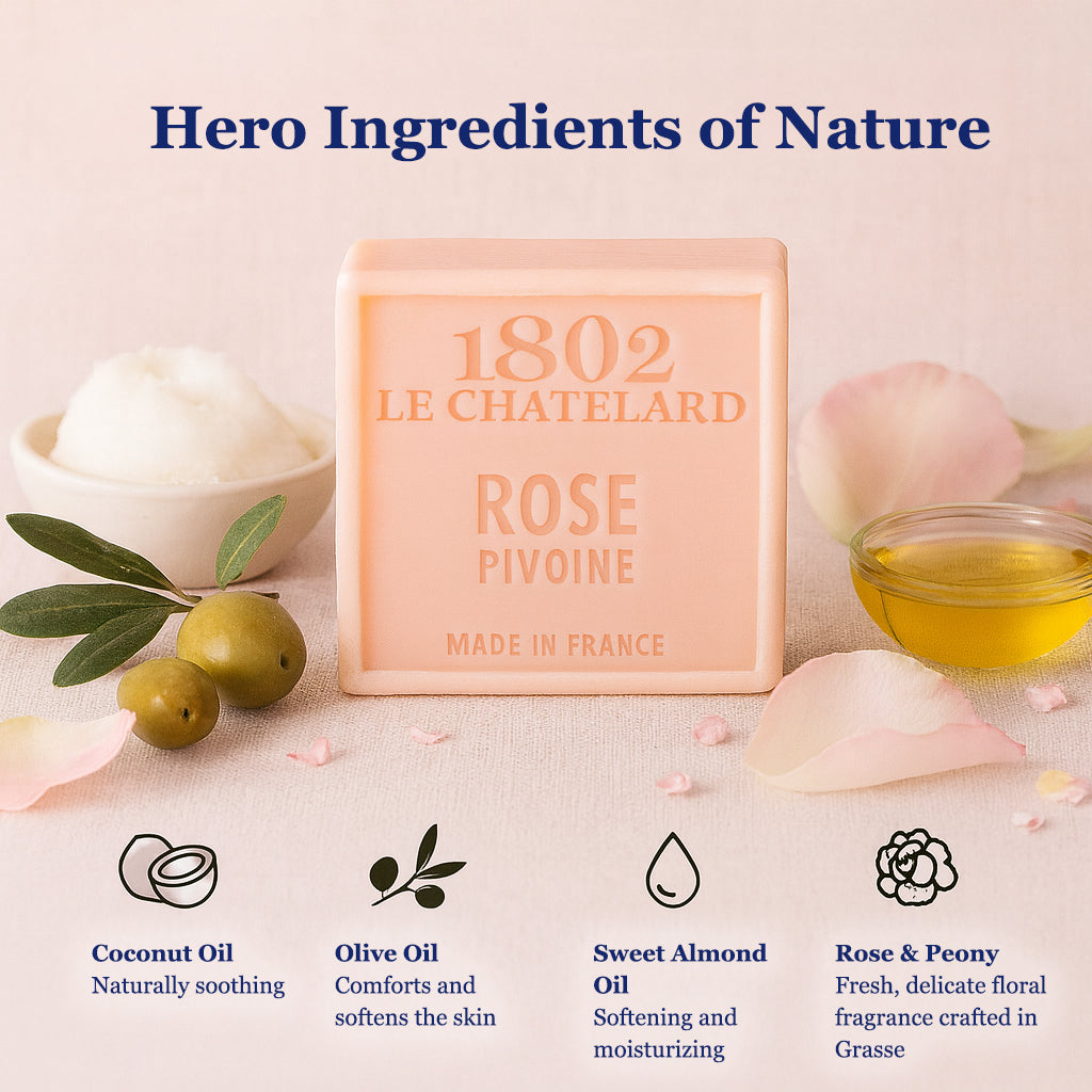 1802 Le Chatelet soap bar with ingredients displayed on a light background