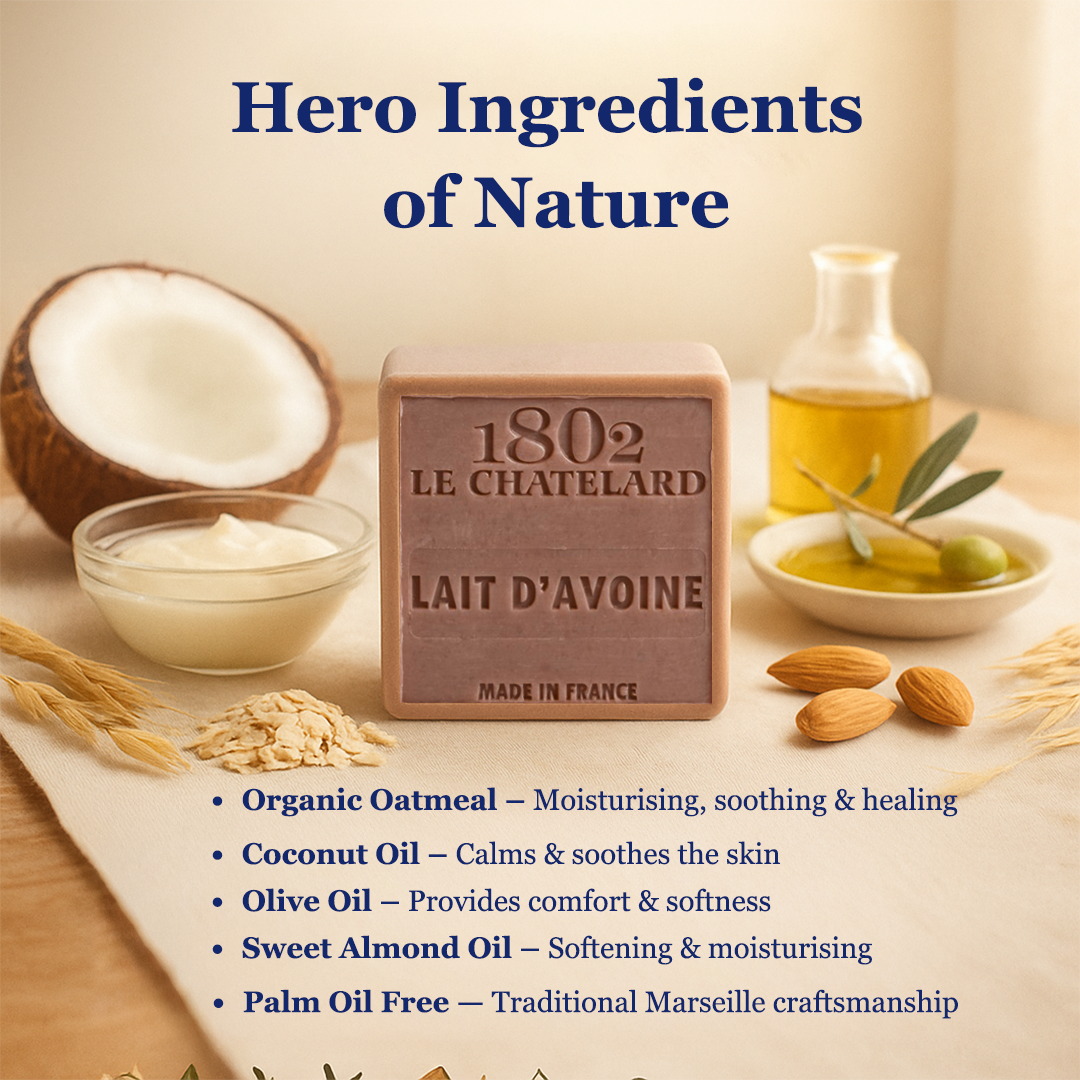 Product packaging with ingredients and benefits listed, featuring a rustic theme.