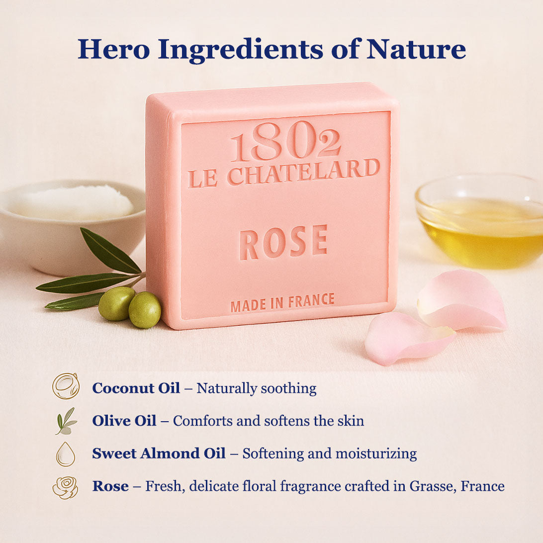 Bar of soap with '1802 Le Chatelard' branding and rose flavor, surrounded by ingredients like coconut oil and olive oil.
