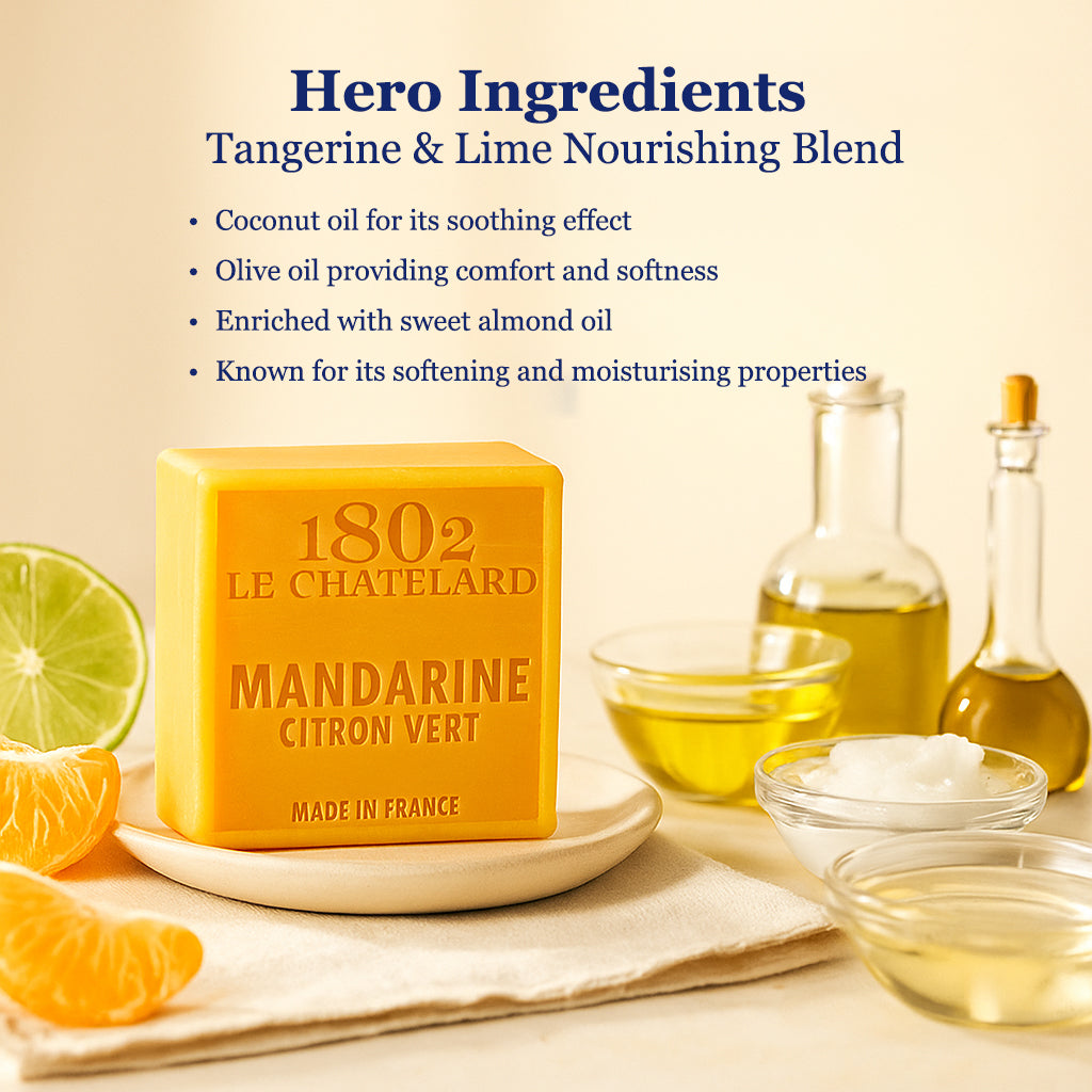 1802 Le Chatelard soap with tangerine and lime ingredients on a beige background