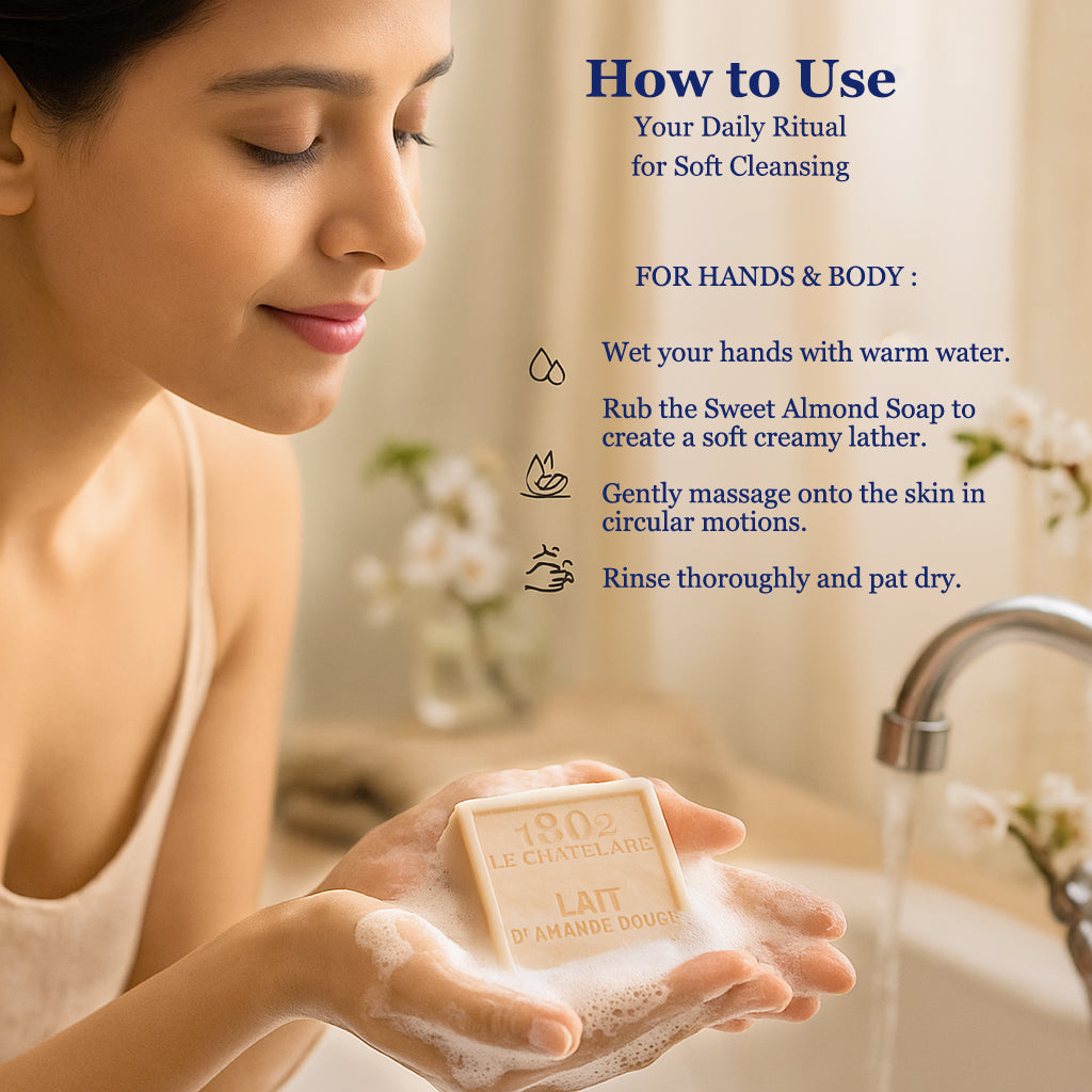 Woman washing hands with soap in a bathroom setting, with text on how to use soap.