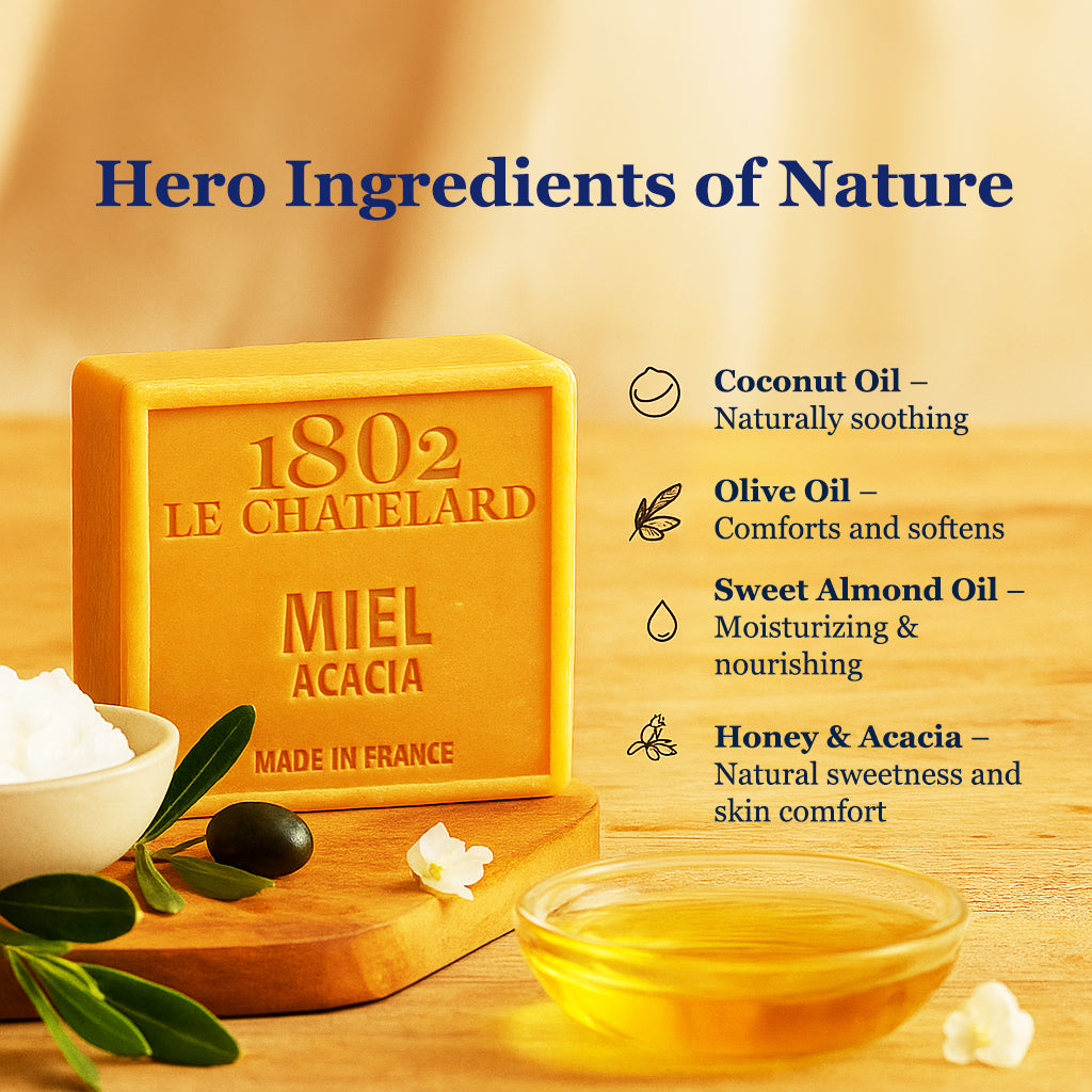 1802 Le Chatelard honey soap with ingredients listed on a wooden background