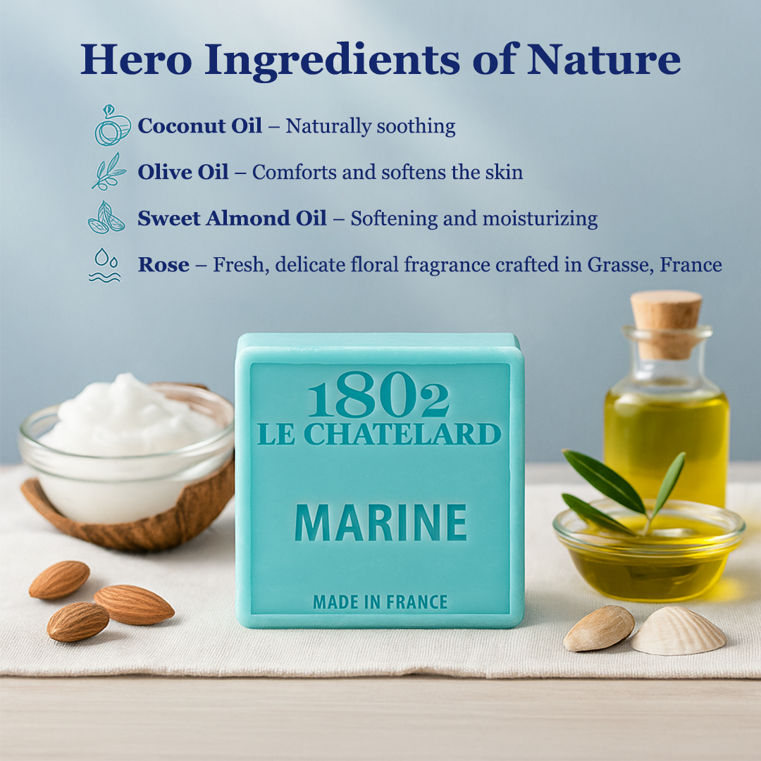 1802 Le Chatelet Marine soap with ingredients listed on a light blue background