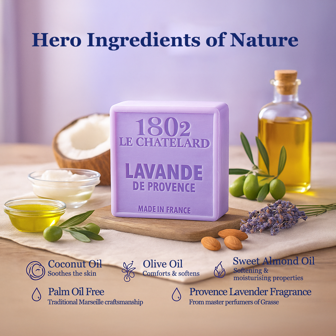 1802 Le Chatelet Lavande de Provence soap with ingredients listed on a wooden board.
