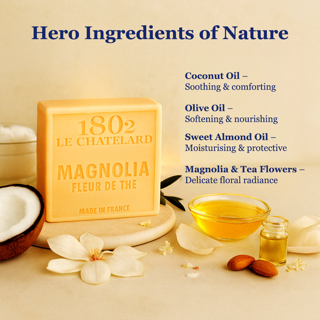 Le Chatelard 1802 Magnolia Fleur de The soap with ingredients listed on a beige background