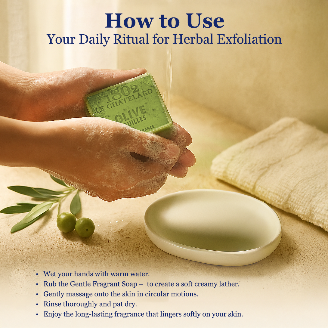 Person holding a green bar of soap with instructions on how to use it for herbal exfoliation.